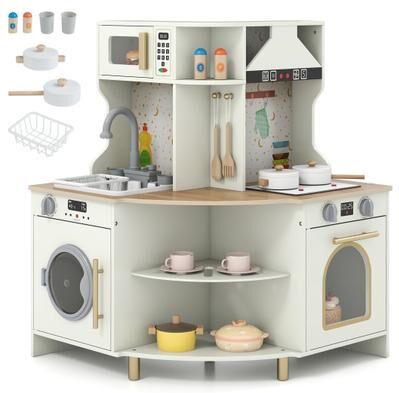 Costway Kids Play Kitchen Wooden Corner Kitchen Playset with Working Faucet and Sink-Beige