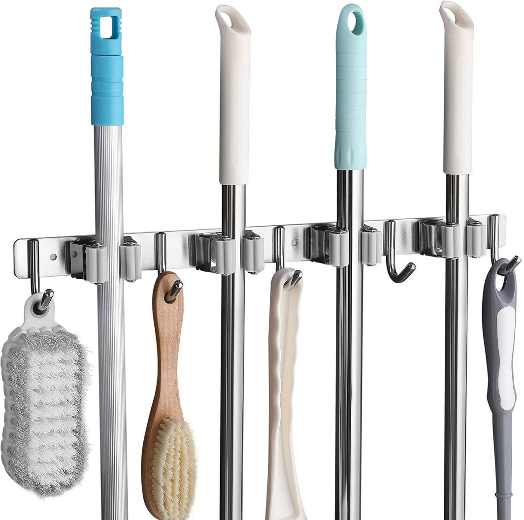 Rebrilliant Stainless Steel Broom Storage with 4 Racks and 5 Hooks Grey 5cm H X 43cm W X 3cm D