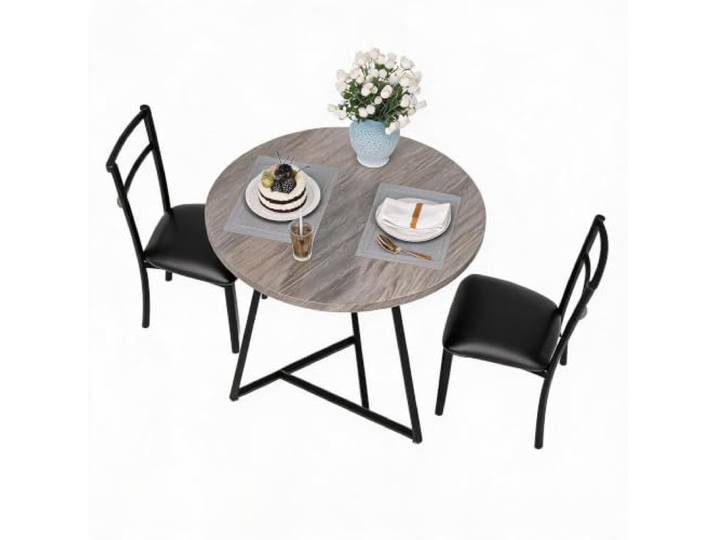 Koioplie Platzsparendes 3-teiliges Esszimmer-Set für 2 Personen Runder Esstisch mit Metallgestell & Holzoptik, 2 gepolsterte Stühle – Modernes Küchenmöbel für kleine Räume, Apartment