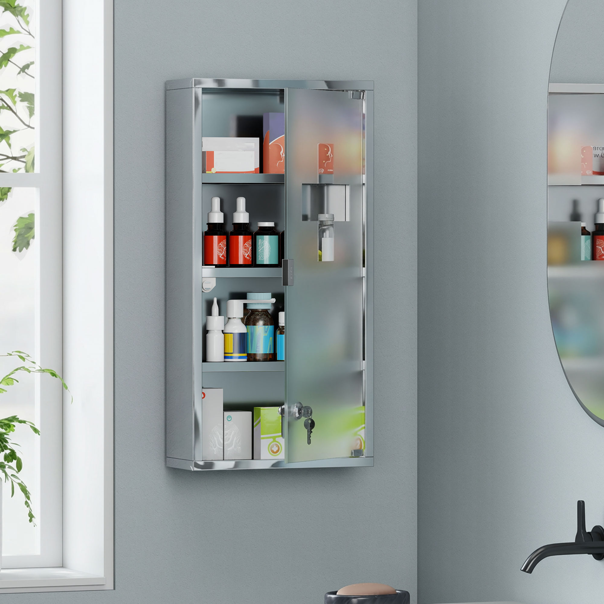 Homcom Armadietto Medicinale Cassetta Porta Medicina a Quattro Ripiani in Acciaio Inox 30x12x60cm Aosom