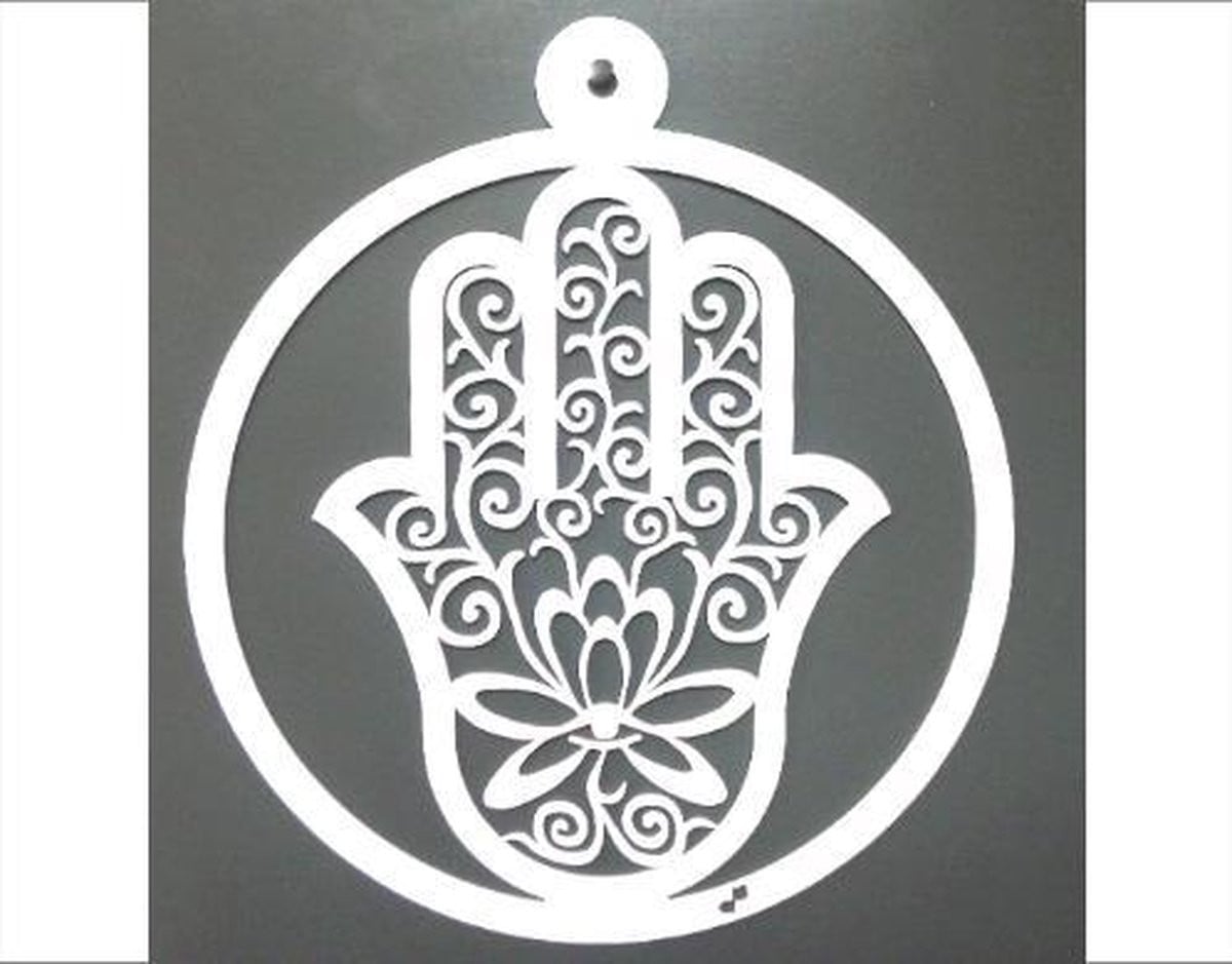Pracht Hamsa hand muurhanger en raamhanger - Wit gecoat staal - Doorsnede: 28 cm