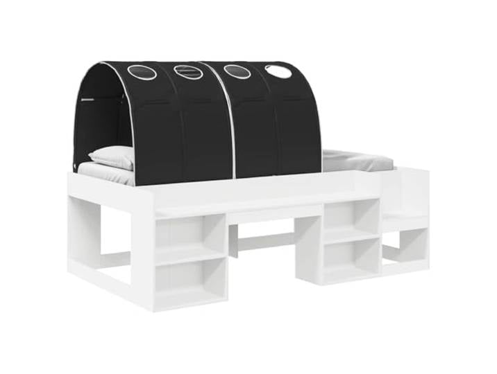 Keeushr Bettgestell mit 3 STK. Weiß und Schwarz Holzwerkstoff Hochbettrahmen, Lattenrost-Design, inkl. Leiter, Loft-Design, platzsparend, Holzwerkstoff, moderner Stil