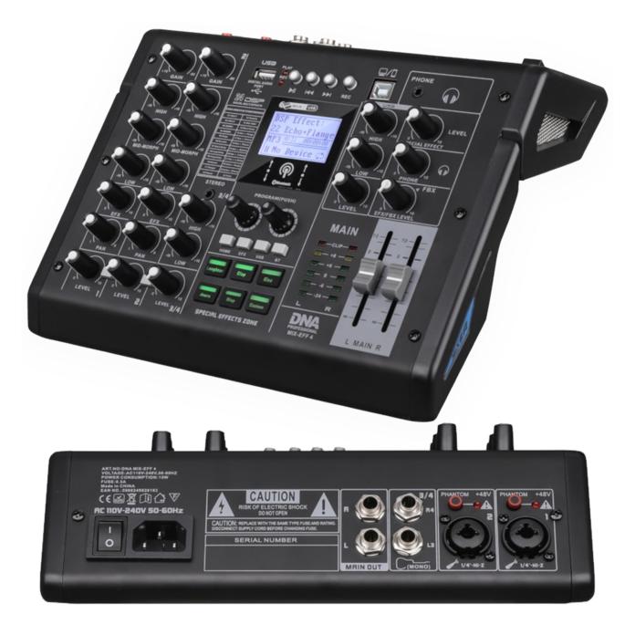DNA MIX-EFF 4 analogowy mikser dźwięku 4 kanały USB MP3 Bluetooth Phantom +48V DSP EQ (Studio- und Livemixer) (5908249828193)