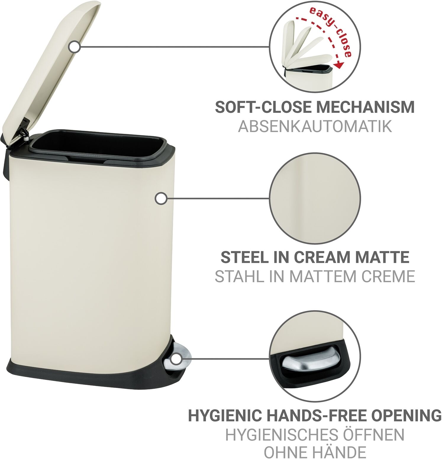 Mülleimer WENKO "Modell Design", beige (creme), B:20,5cm H:46cm T:36cm, Edelstahl, Kunststoff, Mülleimer, Mülleimer, Abfalleimer mit Absenkautomatik und herausnehmbarem Einsatz