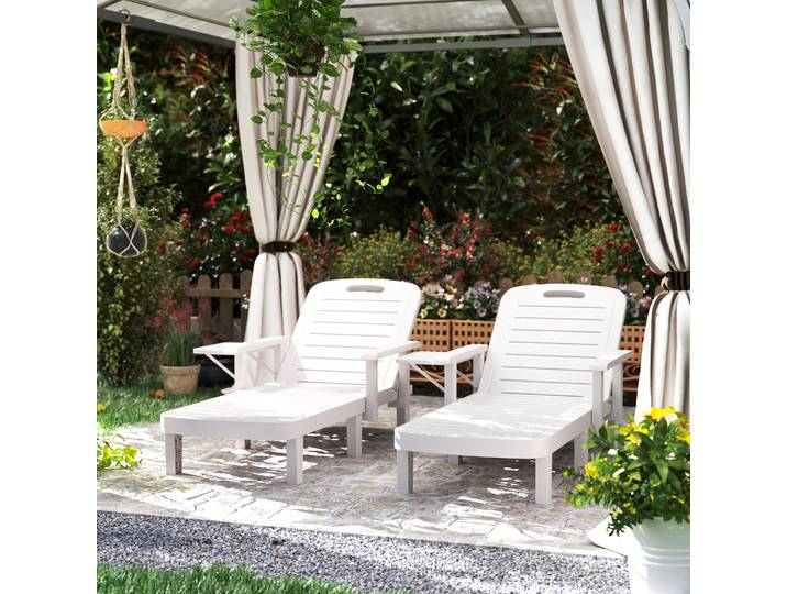 Outsunny Set 2 Transats Réglables avec Table Blanc 79x158x88 cm