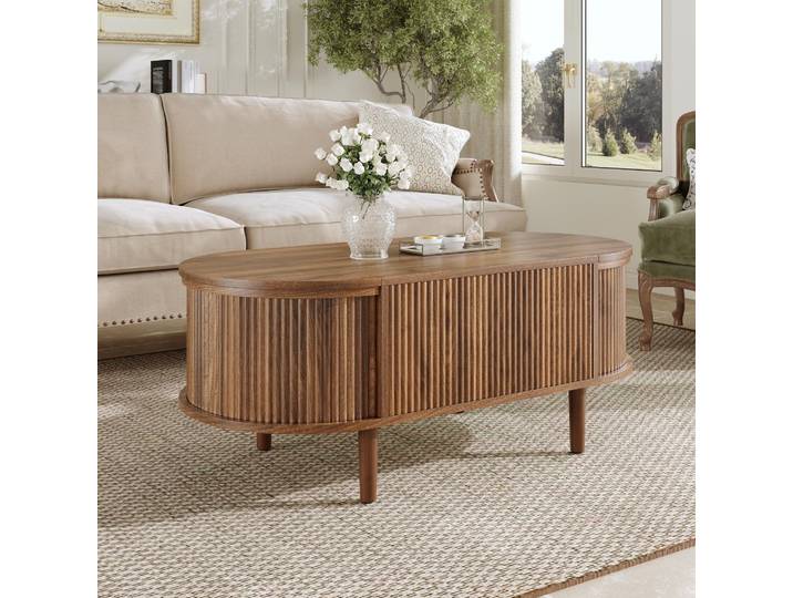 okwish Ovaler Couchtisch Sofatisch mit verstecktem Stauraum, Sofatisch mit klappbarem Stauraum,Höhenverstellbare Tischplatte,Nussbaubaum