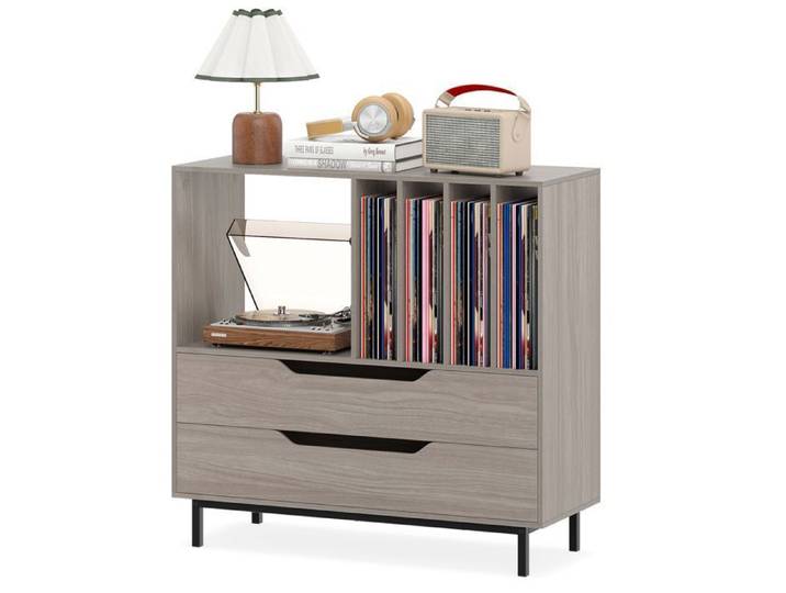 COSTWAY Support de Stockage de Disques Vinyles avec 2 Tiroirs 5 Compartiments 4 Étagères pour Salon Salle de Musique Gris