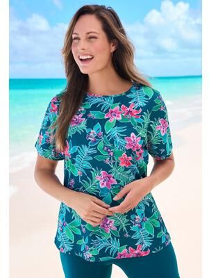 Plus Size Women's Chlorine-Resistant Crewneck Relaxed-Fit Swim Tee by Swim 365 in Mediterranean Floral (Size 38/40) Rash Guard