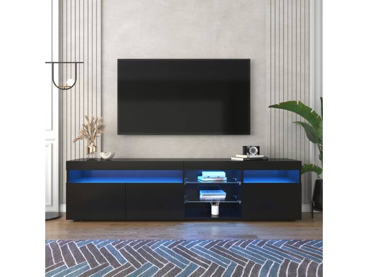 Meuble TV moderne 180x35x48 cm - Avec éclairage LED - 3 portes - Étagères en verre - MDF - Noir