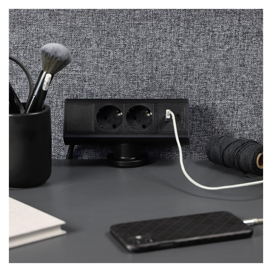 Kondator Desk - 2 Power 1 USB-A & USB-C charger, Black (2x, USB-A, USB-C, 1.50 m) (935-D2CC)