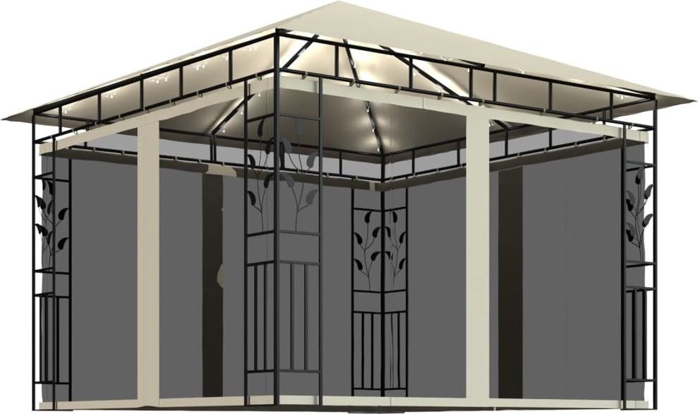 Pavillon mit Moskitonetz & LED-Lichterkette 3x3x2,73m Cremeweiß