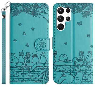 Inspired Deals Cute Cat Embossed Wallet Phone Case For Samsung Galaxy With Card Holder And Lanyard For Samsung Galaxy S24 Ultra blue