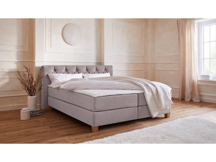 Boxspringbett, Grau, 203x210 cm, Struktur (100% Polyester), Komplettbett, Klassisch, Home-affaire
