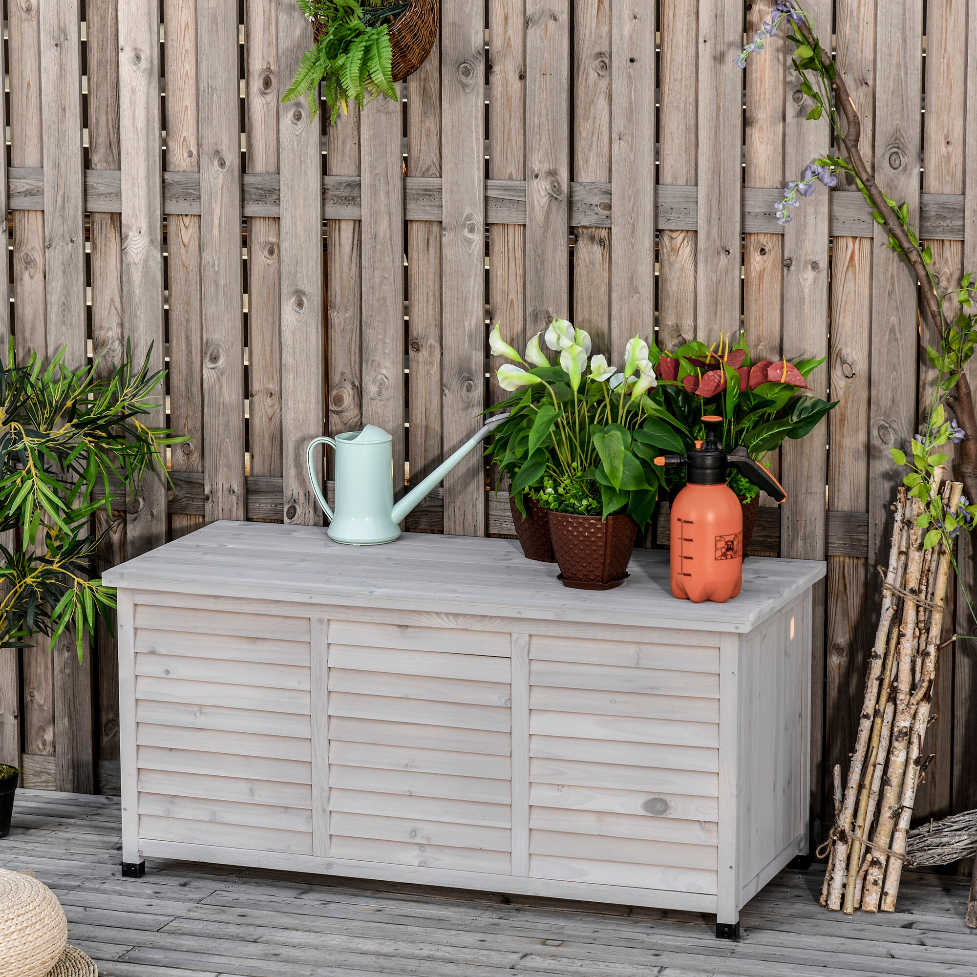 Altro Baule Da Esterno In Legno Di Abete Con Base Rialzato E Coperchio, Cassapanca Contenitore Da Esterno Impermeabile, 127x56x60 Cm, Grigio