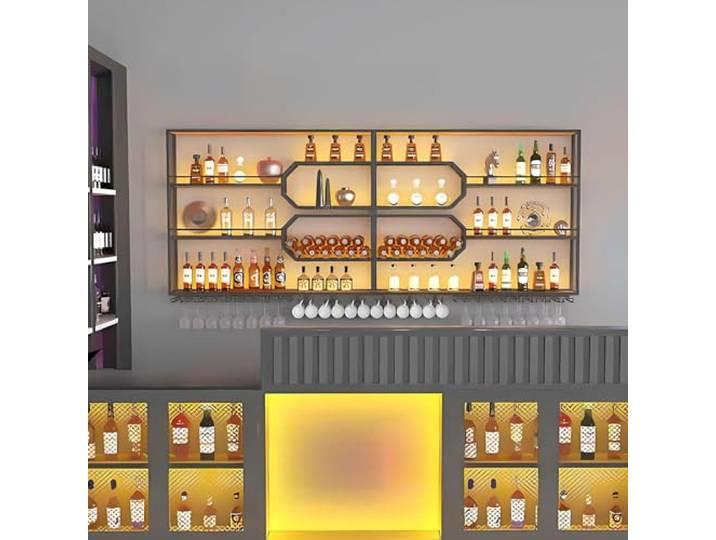 Moderne Metall Wand montiert Wein Display Rack, 4-Schicht-Eisen-Rack, Bar Regale Wand, montierte Weinregal, Bar Einheit Floating Shelves, Flaschenregal für Home, Restaurant (300*125*25CM)