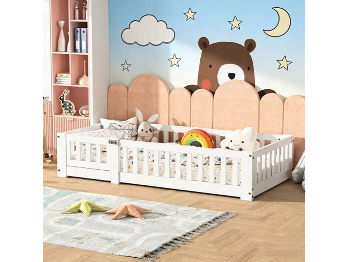 Lit au Sol Enfant 120x200 Lit Montessori au Sol en Bois Massif avec Barrière de Sécurité et Sommier à Lattes Lit pour Garçons&Filles