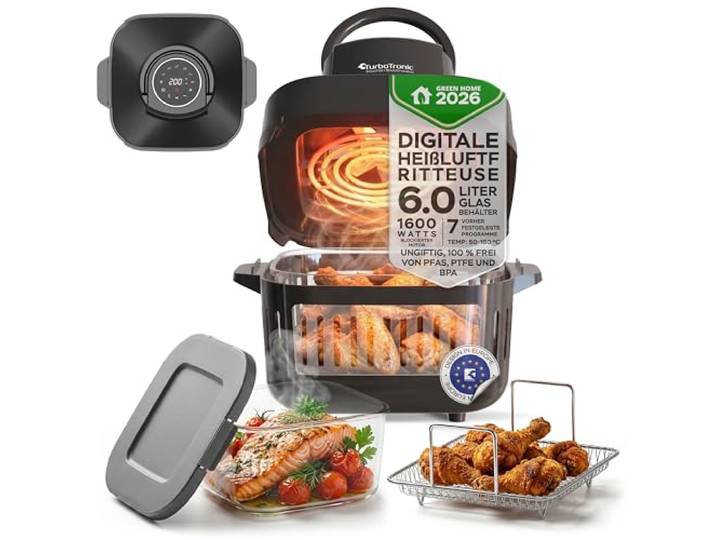 TurboTronic Heißluftfritteuse 6 L - AFG6-1600 W Glas Airfryer – Digitale Heißluft Fritteuse 50–180 °C 7 Programme Touch-Display Air Fryer Heißluftofen BPA-frei (grau)