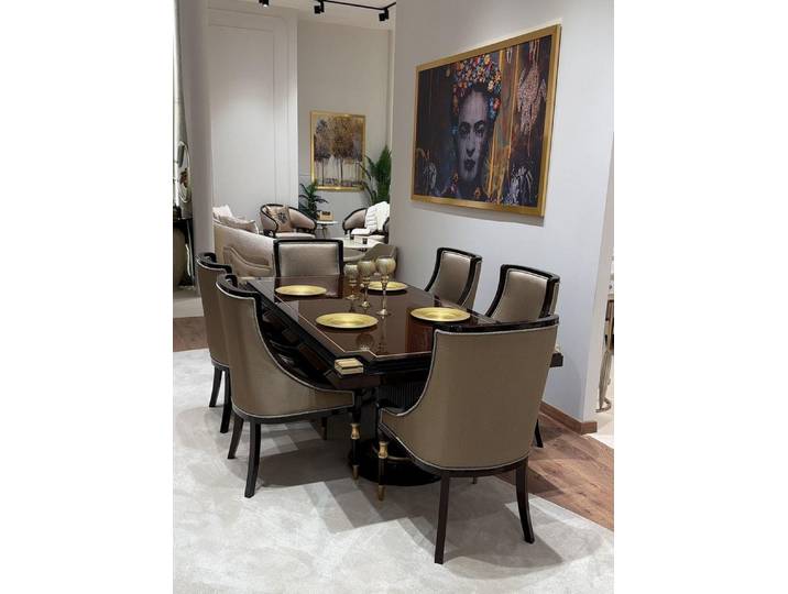 Xlmoebel Esszimmer-Set Moderner Brauner Esstisch Holz Metall 6 Stühle Esszimmer, (7-St., 1x Tisch, 6x Stühle)