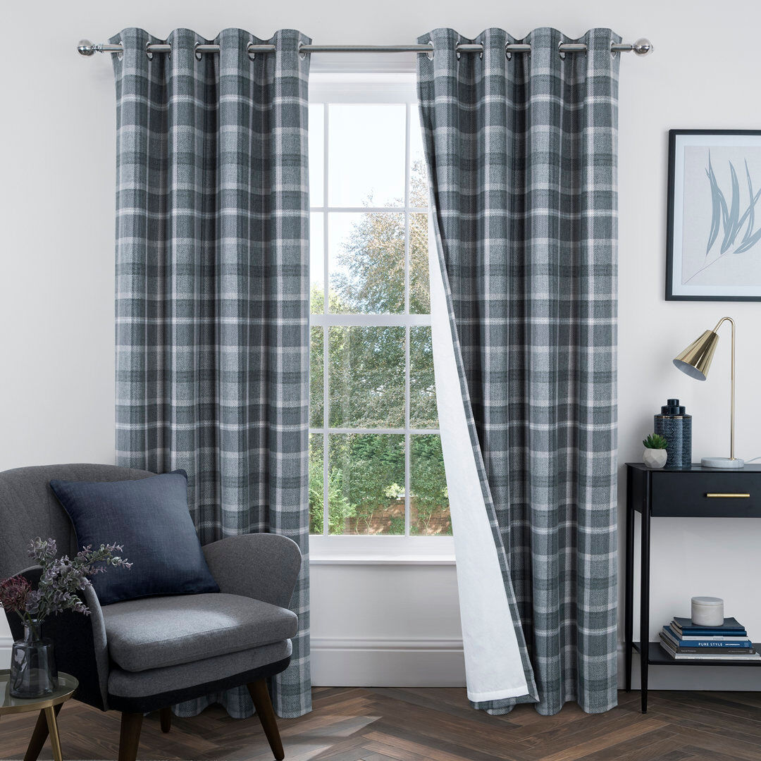 Brayden Studio 100% Blackout Curtains Check Eyelet Curtain Bedroom Plaid Woven Brushed Cheque Pair of Highland Woolen Look Window Treatment for Living Room Beige 46 Grey Width 117 x Drop 137 cm