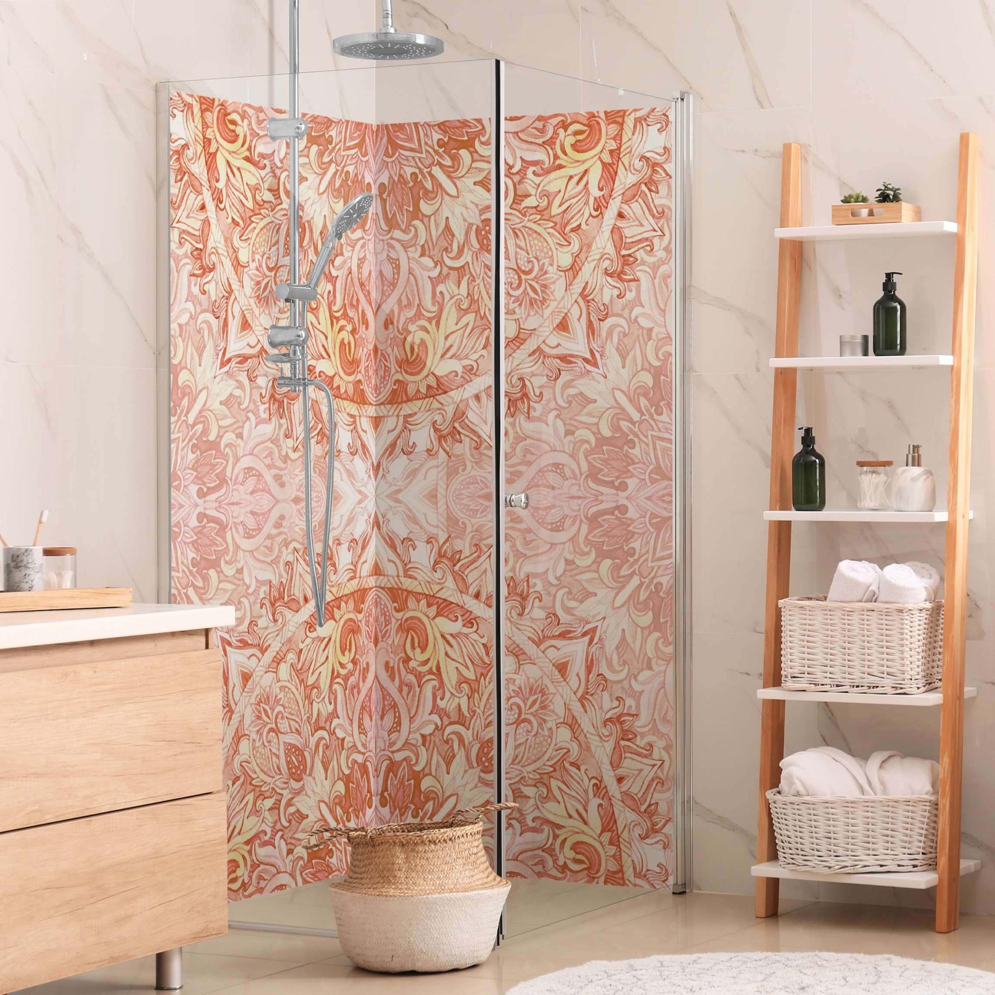 Duschrückwand Spirituell selbstklebend - 0.61 mm Wandpaneel wasserfest Ornament orange Aquarell Badrückwand fugenlos Premium matt 90x200 cm