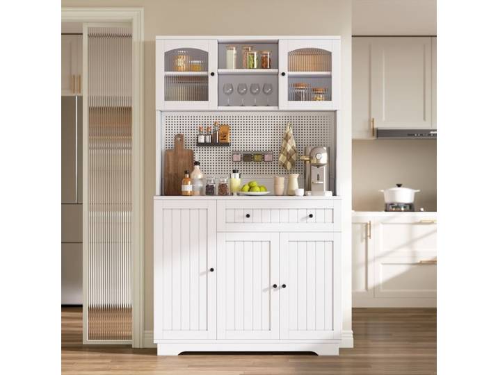 Buffet Cuisine Armoire Cuisine Haut avec Portes étagères Réglables Tôle Perforée Meuble Cuisine Rangement Vaisselier Blanc