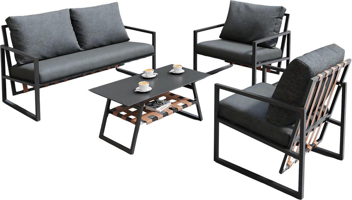 Happiq 4-teiliges Garten-Lounge-Set für Außenbereich - Sofa mit Tisch & Kissen - Abnehmbare Bezüge - Retro PVC-Riemen & verzinkter Stahlrahmen - Grau