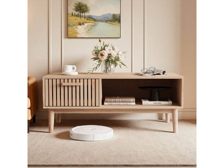 Table Basse - 100x50cm - Bois Naturel - Tiroir - Style Scandinave - Blanc/Chêne Clair