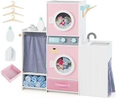 Costway Wooden Kids Laundry Playset with Laundry Detergent Bottle and Clothes Hangers-Pink