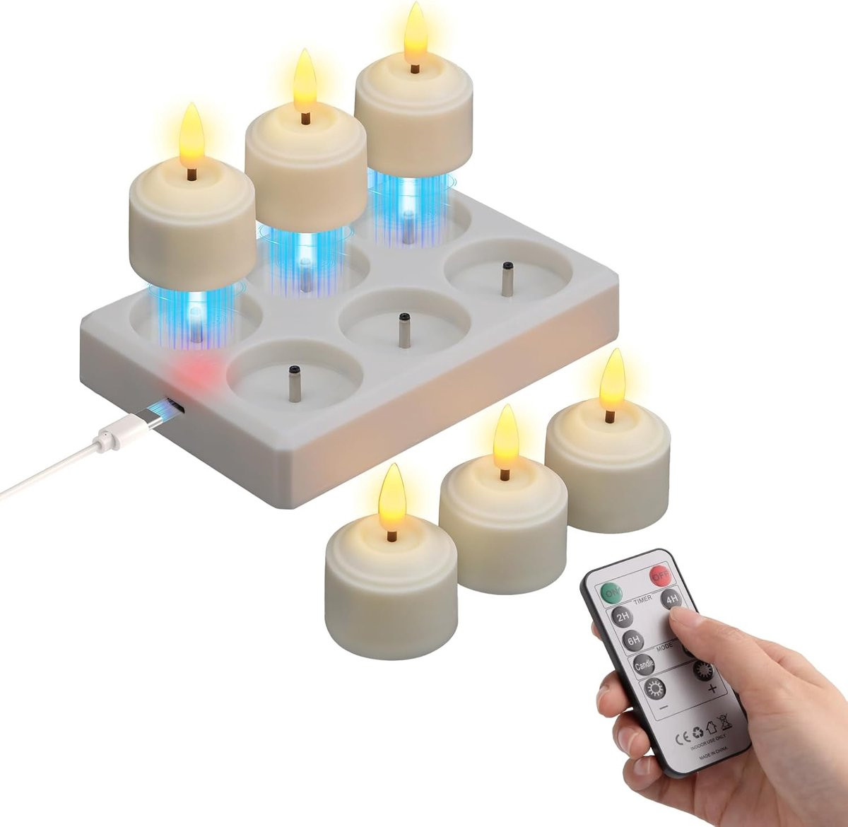 SnelShoppen 6x Oplaadbare LED Theelichten met Timer en Oplaadstation voor Kerst en Halloween