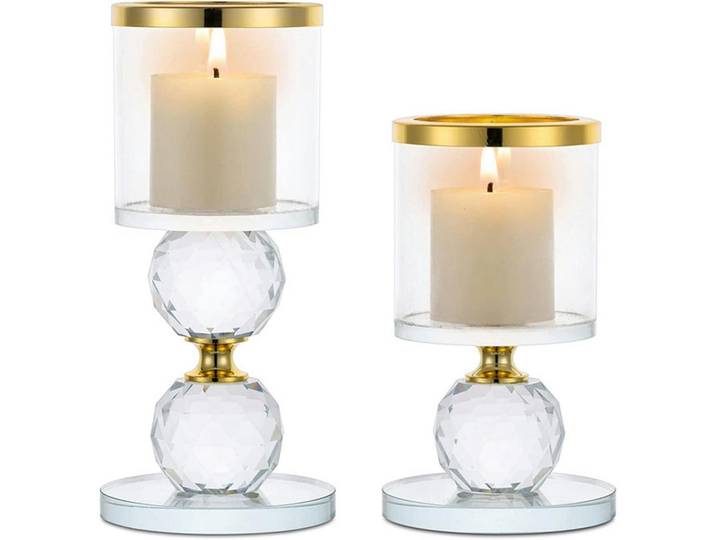 Kerzenständer 2-teiliges Set Glas Kristall Gold, Goldfarben, 7x15.3x7 cm, Dekoration, Kerzen & Kerzenhalter, Teelichthalter