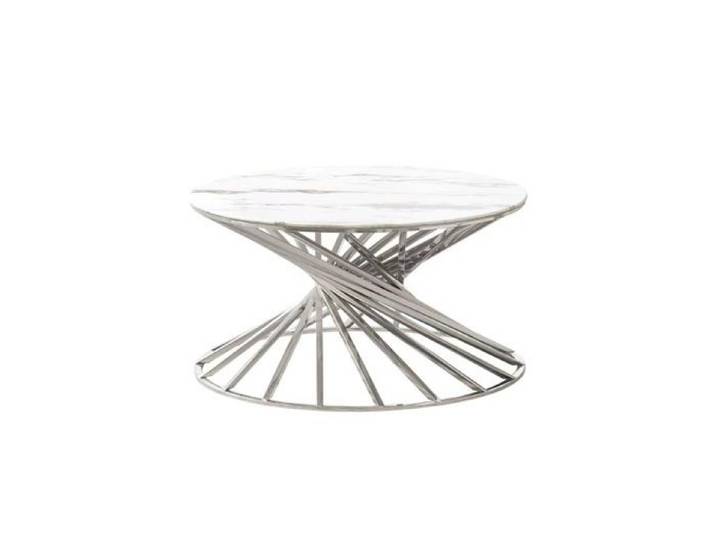 Table Basse NAUTILUS Ronde Plateau Verre Trempé Marbré Blanc Pieds Chrome D80x45cm