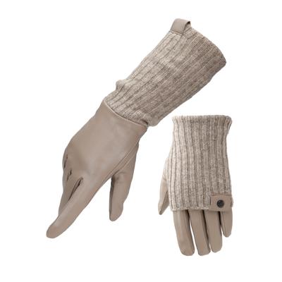 Lederhandschuhe PEARLWOOD "ROMY", Damen, Gr. 6,5, beige (taupe), Feinripp, Materialmix, unifarben, Handschuhe, Fleecefutter, als Lang-oder Kurzhandschuh zu tragen, Strickbündchen