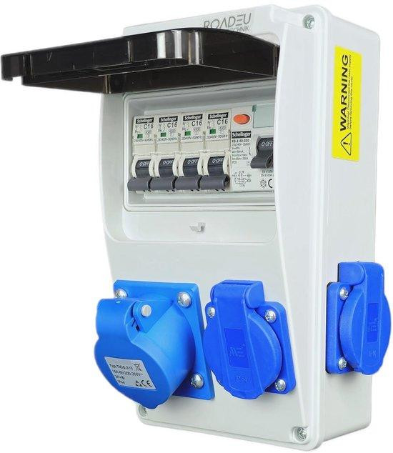 Stroomverdeler 230V met 16A CEE contactdoos en 3 Schuko stopcontacten voor werkplaatsen en tuinen