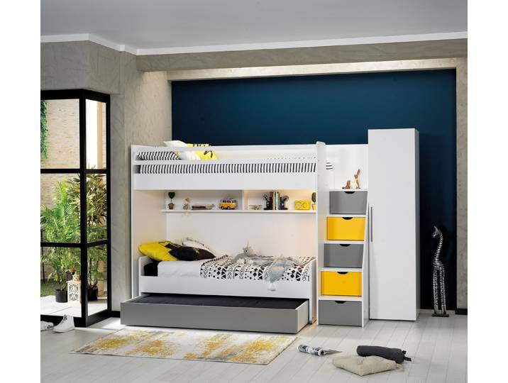 almila Hochbett Neo (3-St) mit Seitentreppe, Stauraum und Regal