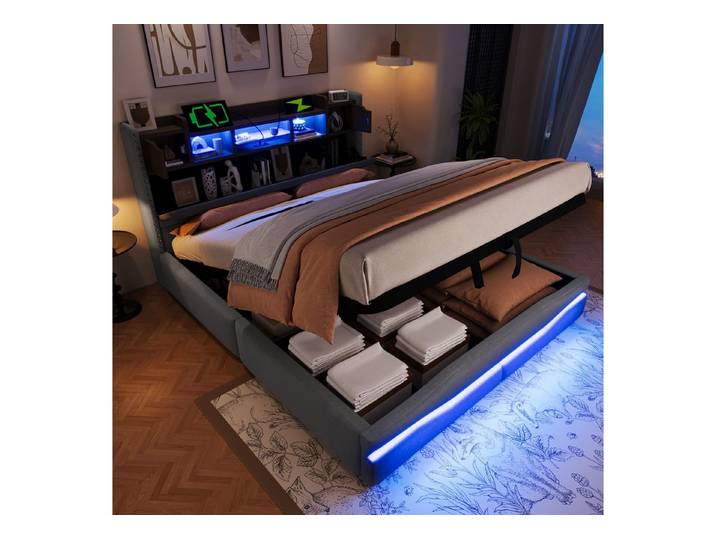 REDOM Polsterbett mit hydraulischem Stauraum, LED-Beleuchtung & Fernbedienung (Kinderbett, Stauraumbett mit Kopfteil, Nachtisch-Speicher und innovativem Design, 160x200 cm), Inklusive Matratze