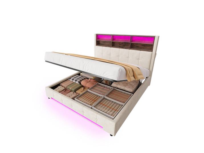 Lvhom Polsterbett Doppelbett 160x200 cm mit Hydraulischen Stauraum, LED und Usb-C, Beige, 160x200 cm, Schlafzimmer, Betten, Polsterbetten