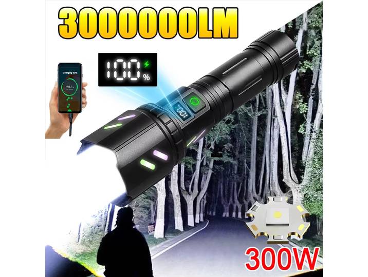 2025 nouvelles lampes de poche LED haute puissance 300W torche extérieure longue portée Super brillante 3000000 Lampe de poche tactique LM avec lentille de projecteur