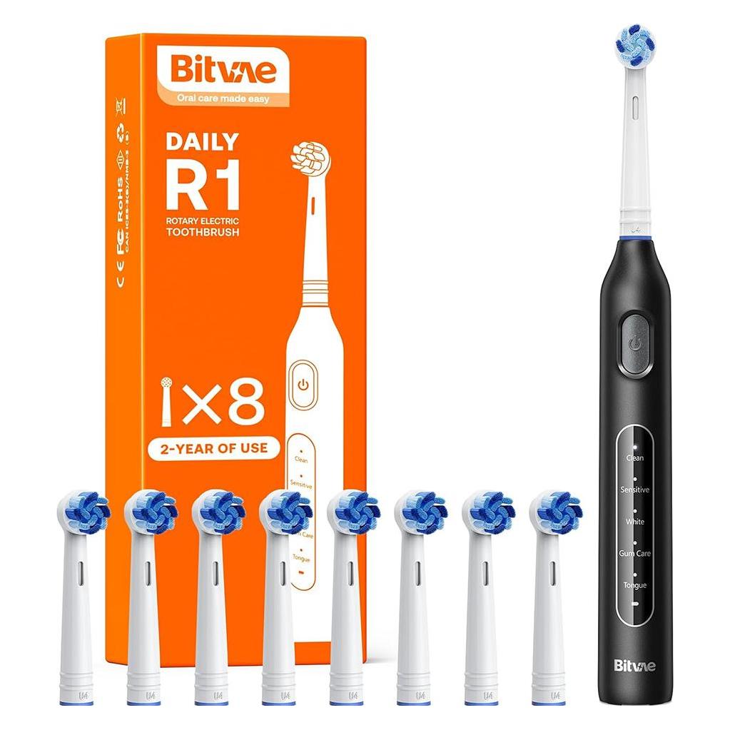Bitvae - Electric Toothbrush (BVR1) - with 8 Heads - Black (BIT-R1-BK)