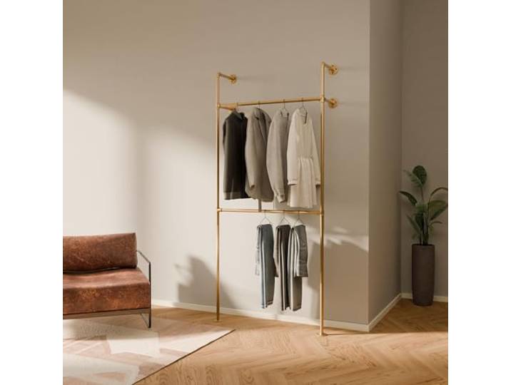 pamo Kleiderstange Wandmontage Gold – 105 x 222 cm 200 kg Traglast Offener Kleiderschrank Garderobe Wand Industrial aus Metall – Begehbarer Kleiderschrank System