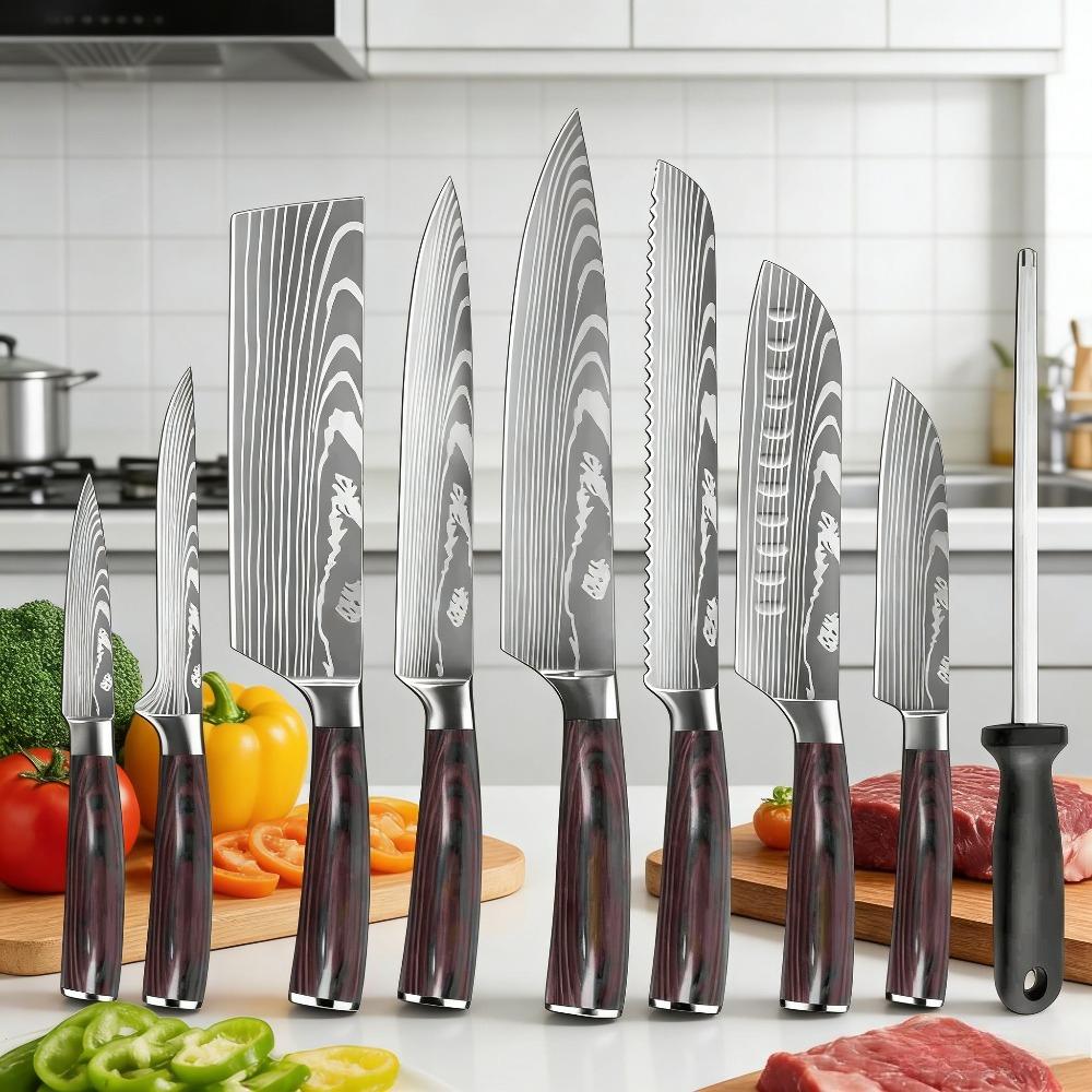 Professionelles Kochmesser-Set, 8-teilig - Roter Kunststoffgriff - Messer aus Kohlenstoffstahl