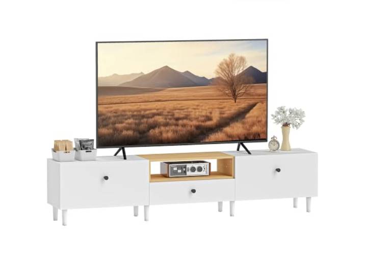 HOMCOM TV-Ständer 200cm bis 90 Zoll mit 2 Klapptüren Weiß TV-Ständer, Schublade, Soft-Close-Scharniere, 8 Beine, Moderner Stil, TV-Bank, Wohnzimmer Schlafzimmer