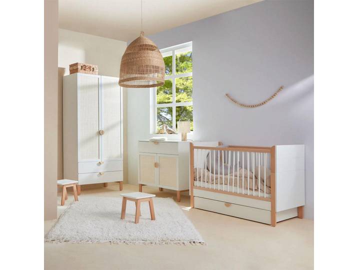 Petits-meubles Babyzimmer 3-teilig Laurie Weiß und Holz, Holzwerkstoff, 123.5x90x64 cm, Baby- und Kindermöbel, Babyzimmer