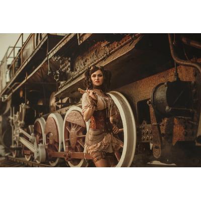 Fototapete PAPERMOON "Steampunk Frau vor Zug", bunt, B:3m L:2,23m, Vlies, Tapeten