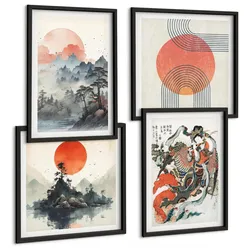 BILDER SET 4er Set - 50x50 cm & 40x60 cm Schwarzer Rahmen - Asiatische Landschaften Japandi