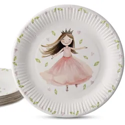 ECOFIESTA 96 Stück Einweg-Teller 23 cm Prinzessin umweltfreundlich - Plastikfreie Party-Teller Kindergeburtstag - Papier-Teller Pappteller
