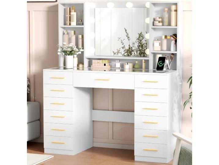 BEWISHOME Schminktisch mit LED-Beleuchtung, Glasplatte & Steckdose, Weiß Kosmetiktisch mit Großer Spiegel, Einstellbare Helligkeit, 13 Schubladen,7 Offene Ablagen, für Schlafzimmer, EFST61W