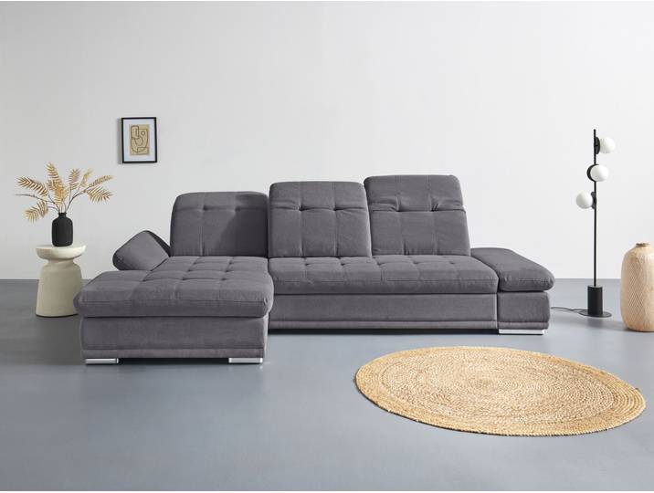 Ecksofa, Grau, 302x190 cm, Chenille, Kopfteil- & Armteilverstellung, Cotta