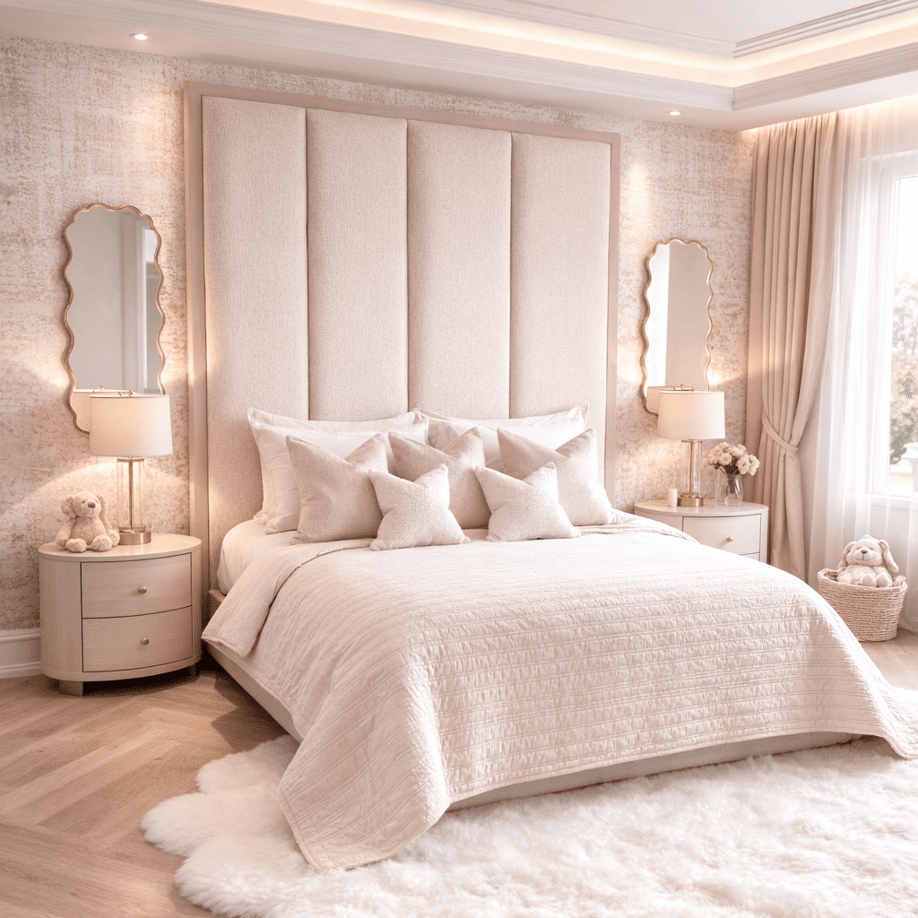 Harrington Almond Woven Channelled Headboard with Soft Pink Frame, Double