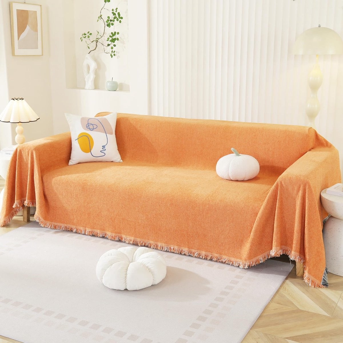 Unyqoos Stijlvolle Chenille Bankhoes met Decoratieve Kwastjes in Zuiver Oranje