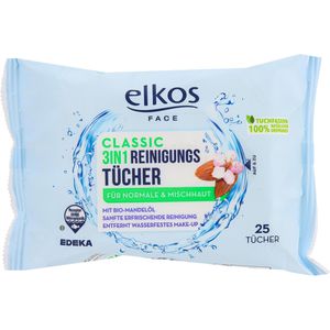 elkos Abschminktücher Face 3in1 Reinigungstücher Classic, mit Bio-Mandelöl, für normale und Mischhaut, 25 Stück